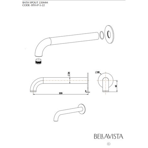 BELLA VISTA Mica Bath Spout - 220mm Curved Spout - Living Brass