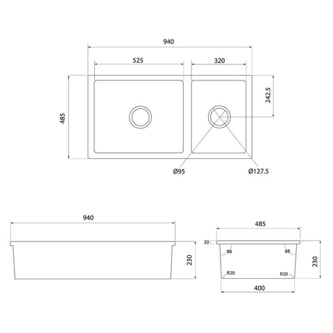 NEW TURNER HASTINGS Cuisine 93 x 48 One and a Half Bowl Inset / Undermount Fine Fireclay Sink
