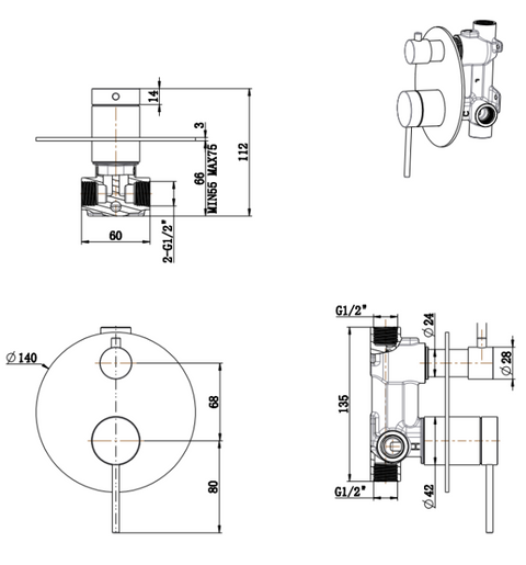 BELLA VISTA Mica Shower Mixer Diverter – 1P – TRIM KIT ONLY
