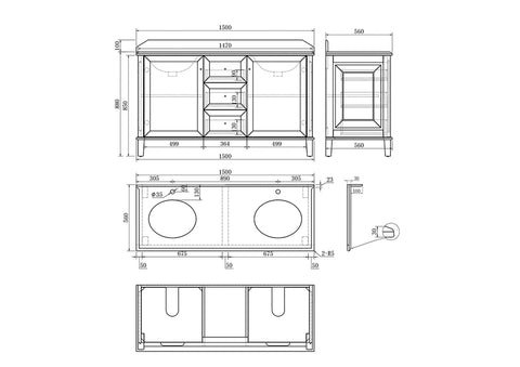 TURNER HASTINGS  Coventry 150 x 55 Double Bowl White Vanity with Marble Top & Under Counter Basin