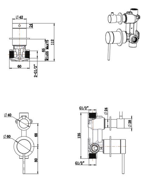 BELLA VISTA Mica Shower Mixer Diverter – 2P – TRIM KIT ONLY