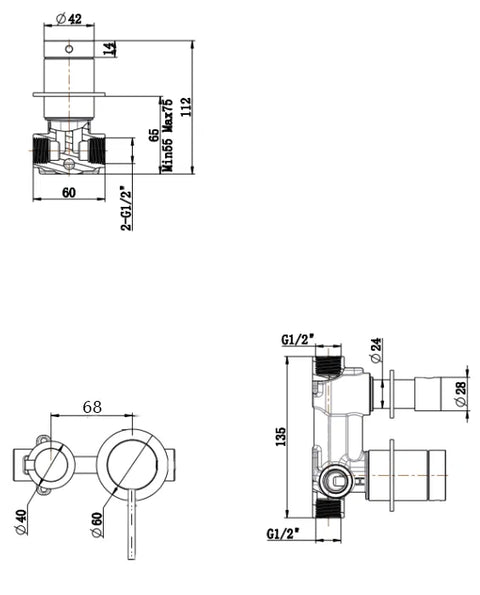 BELLA VISTA Mica Shower Mixer Diverter - Sideways - TRIM KIT ONLY