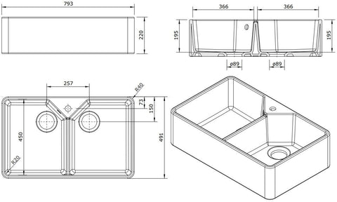 TURNER HASTINGS Chester 80x50 Double Bowl Fireclay Sink