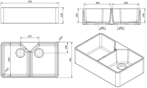 TURNER HASTINGS Chester 80x50 Double Bowl Fireclay Sink